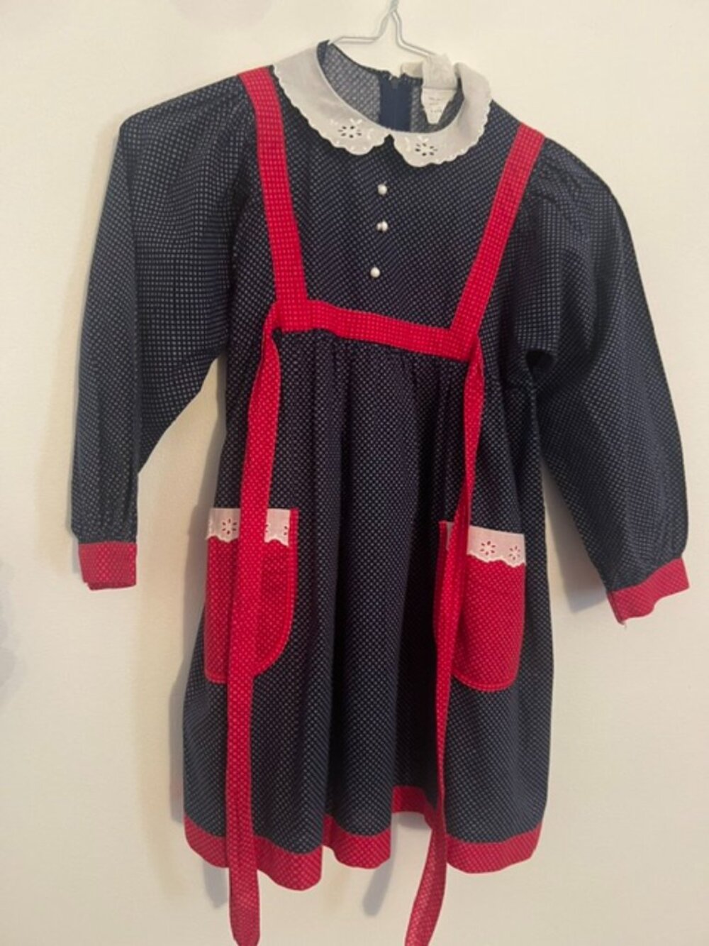 GIRLS NAVY/WHITE PRINT DRESS WITH RED TRIM SIZE 6X